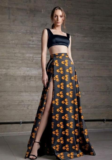 Black Printed Satin Prom Dress