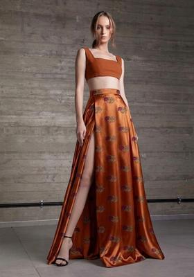 Rust Orange Printed Satin Prom Dress
