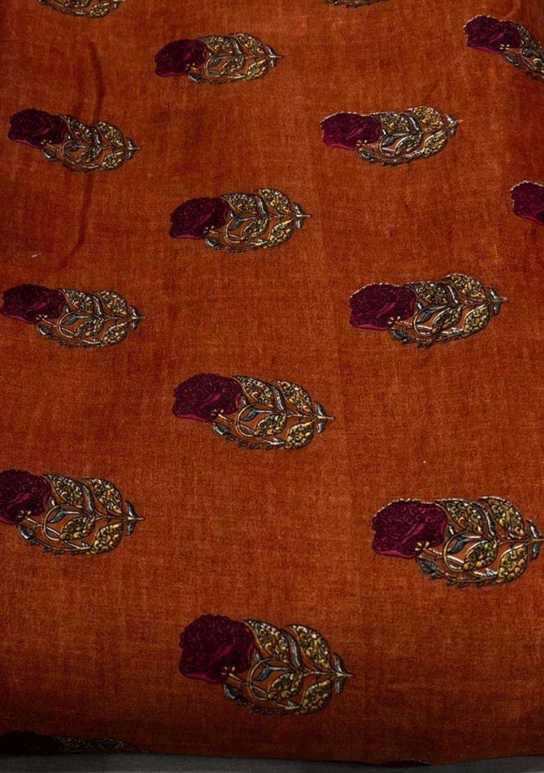 Rust Orange Printed Satin Prom Dress for Diwali and Festive Wear - Indya