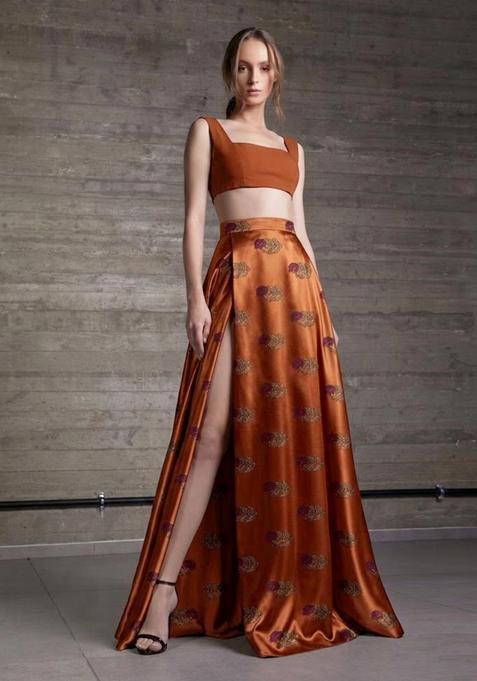 Rust Orange Printed Satin Prom Dress
