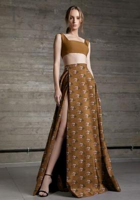 Brown Printed Satin Prom Dress
