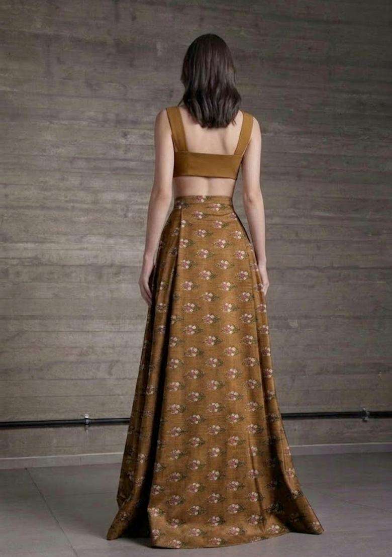 Brown Printed Satin Prom Dress for Diwali and Festive Wear - Indya