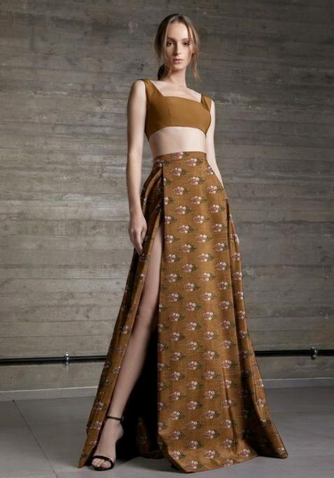 Brown Printed Satin Prom Dress
