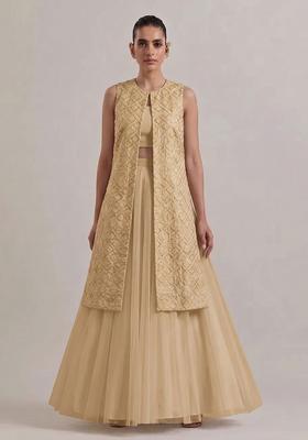 Soft Beige Embroidered Chanderi Lehenga Set