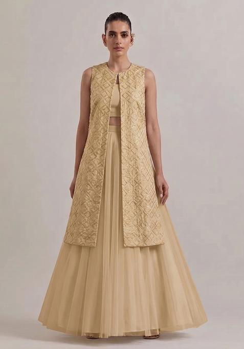 Soft Beige Embroidered Chanderi Lehenga Set