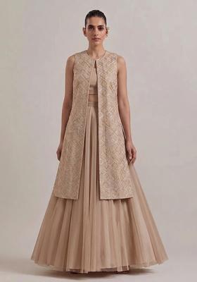 Beige Embroidered Chanderi Lehenga Set
