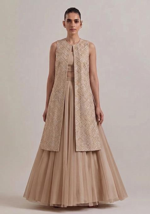 Beige Embroidered Chanderi Lehenga Set