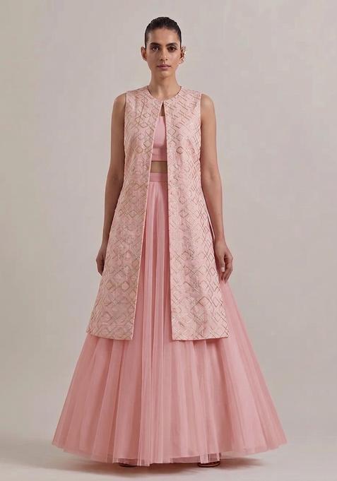 Soft Pink Embroidered Chanderi Lehenga Set