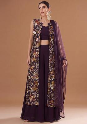 Deep Plum Printed Silk Fusion Set