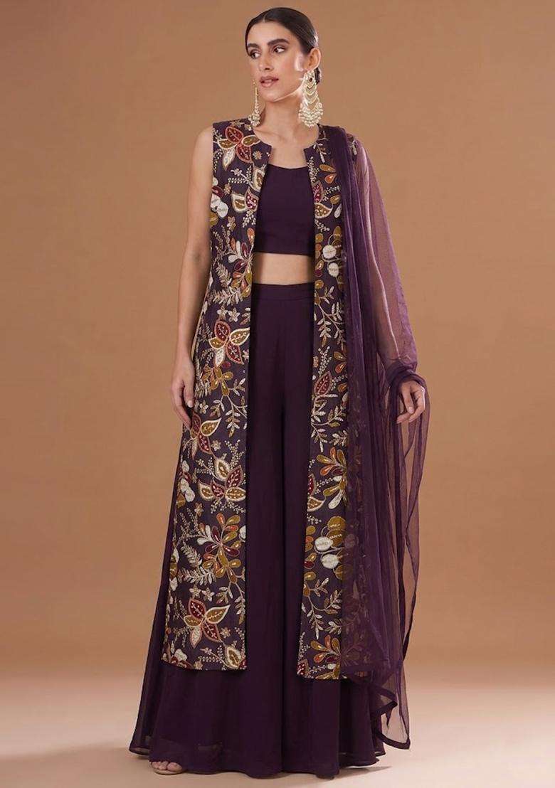 Deep Plum Printed Silk Fusion Set - Indya