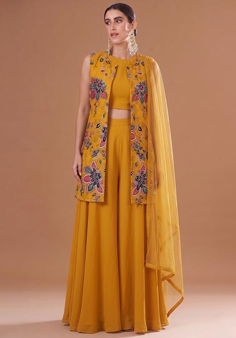 Mustard Printed Organza Fusion Set