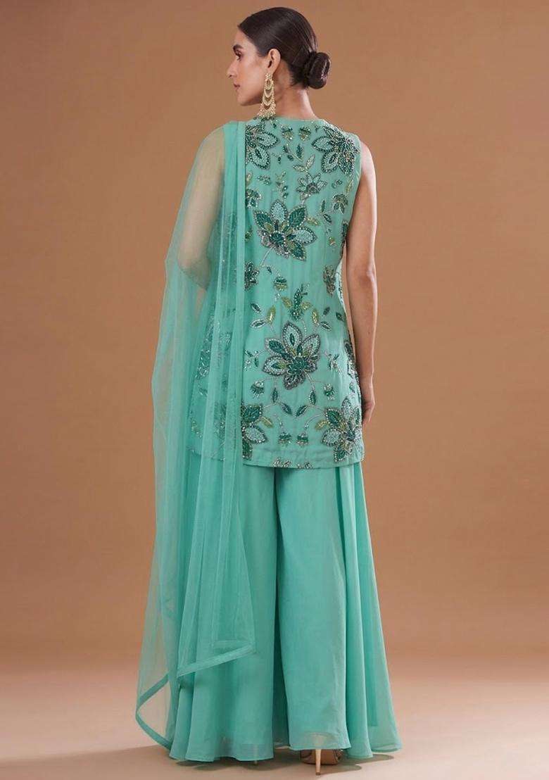 Seafoam Printed Organza Fusion Set - Indya
