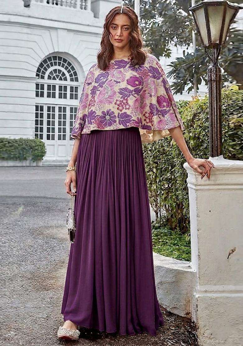 Purple Printed Crepe Fusion Set - Indya