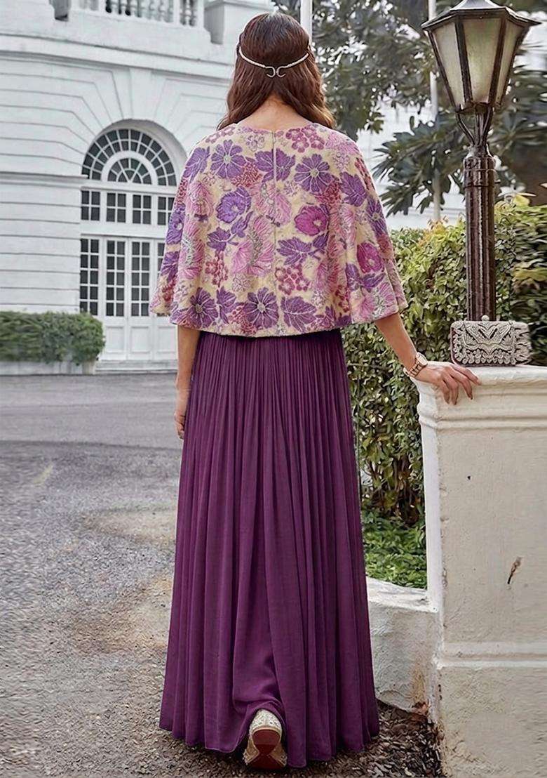 Purple Printed Crepe Fusion Set - Indya