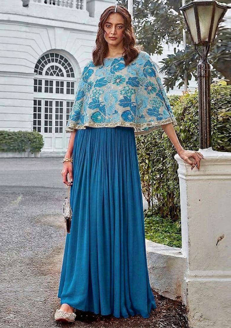 Sky Blue Printed Crepe Fusion Set - Indya