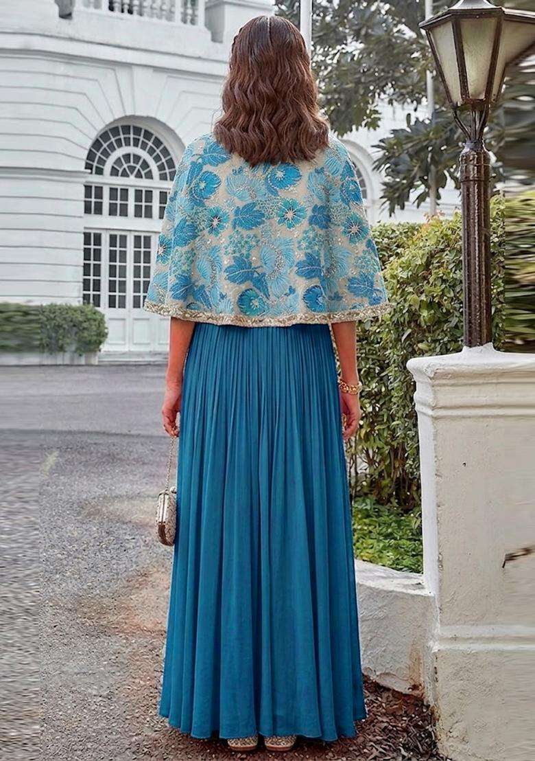 Sky Blue Printed Crepe Fusion Set - Indya
