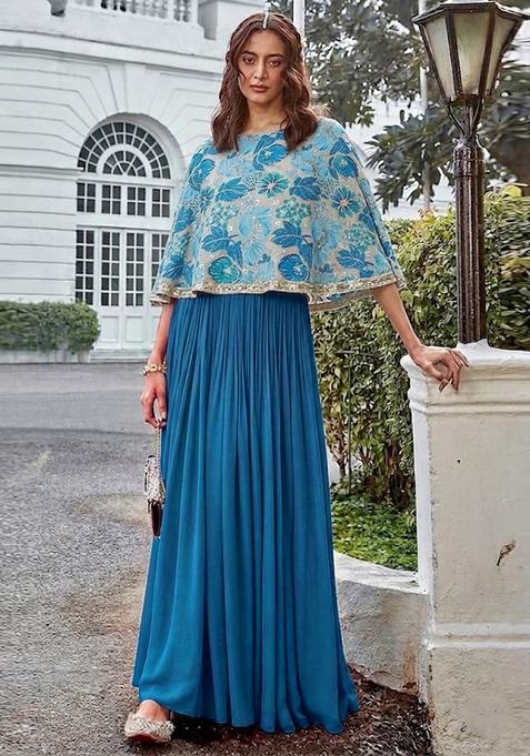 Sky Blue Printed Crepe Fusion Set