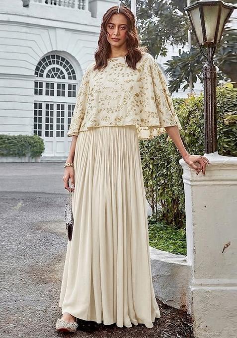 Beige Embroidered Crepe Fusion Set