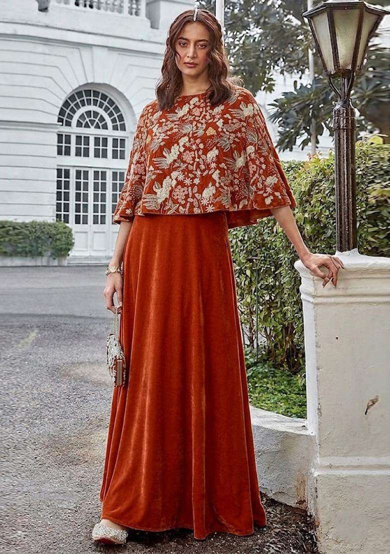 Rust Orange Embroidered Crepe Fusion Set - Indya