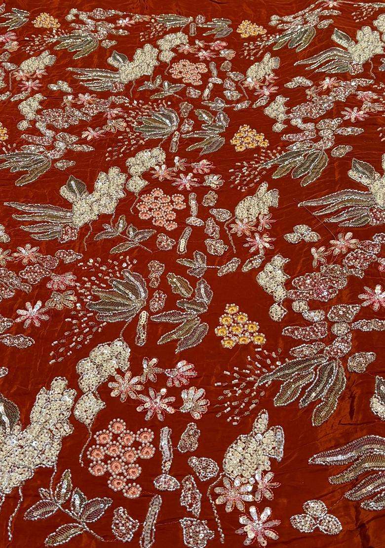 Rust Orange Embroidered Crepe Fusion Set - Indya