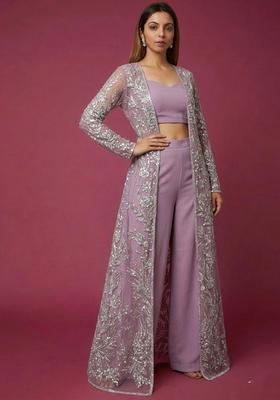 Lavender Purple Embroidered Net Fusion Set