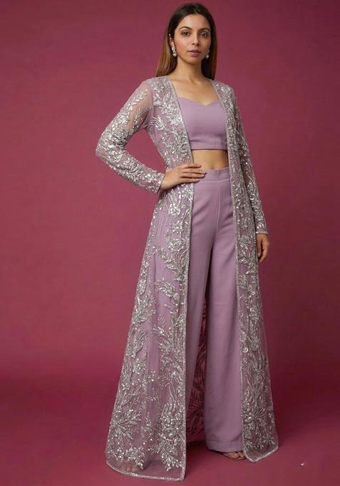 Lavender Purple Embroidered Net Fusion Set