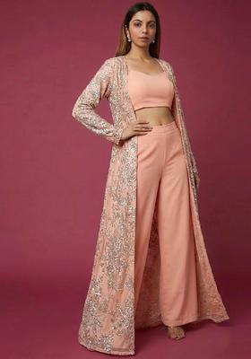Blush Pink Embroidered Net Fusion Set