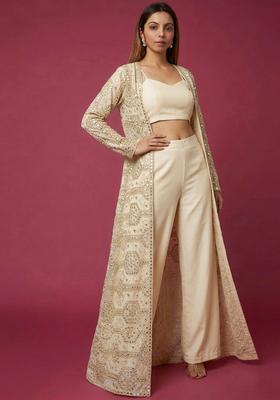 Off White Embroidered Net Fusion Set