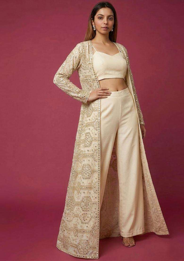 Off White Embroidered Net Fusion Set - Indya