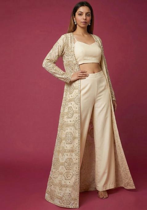 Off White Embroidered Net Fusion Set