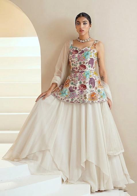 White Printed Crepe Lehenga Set