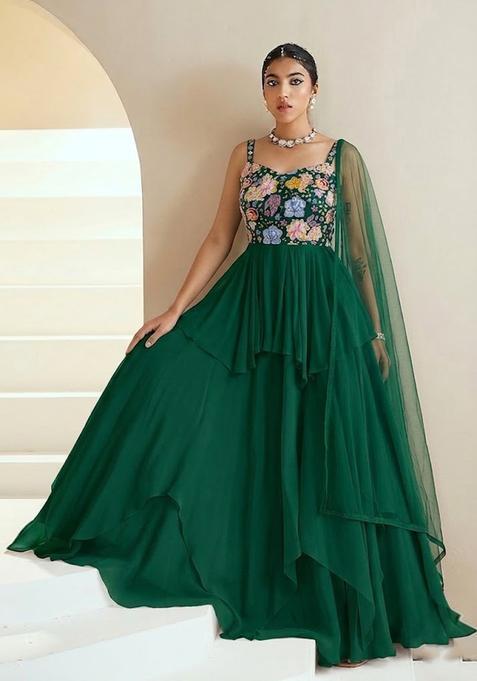 Emerald Green Printed Crepe Lehenga Set
