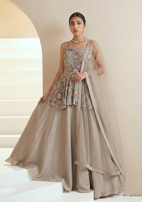Grey Embroidered Georgette Lehenga Set