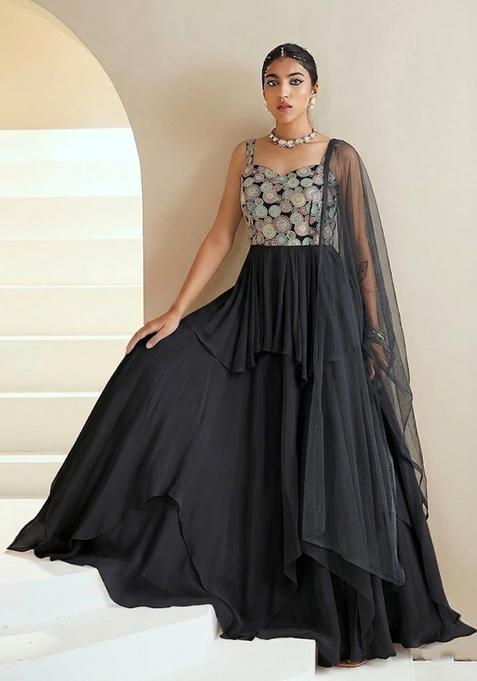 Jet Black Embroidered Georgette Lehenga Set