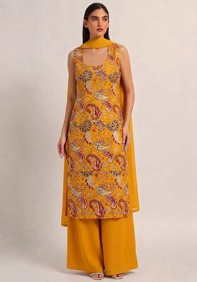 Mustard Printed Crepe Kurta Set