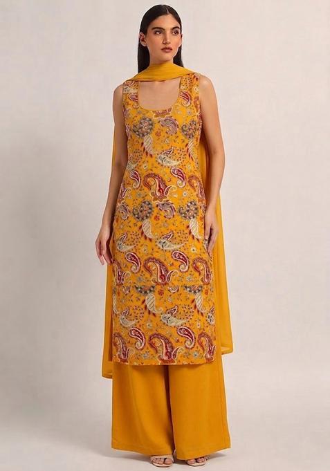 Mustard Printed Crepe Kurta Set