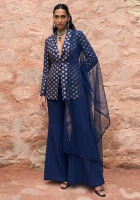 Navy Blue Brocade Fusion Set