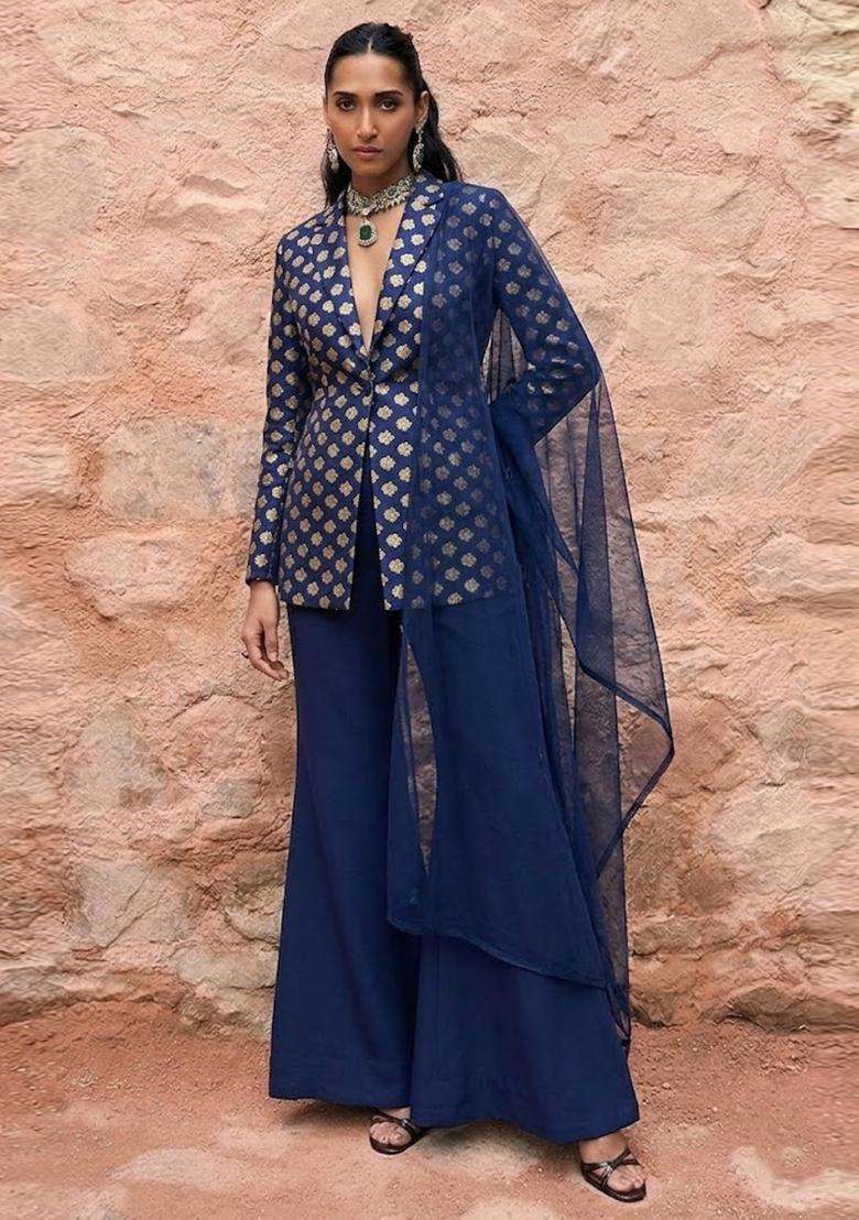 Navy Blue Brocade Fusion Set - Indya