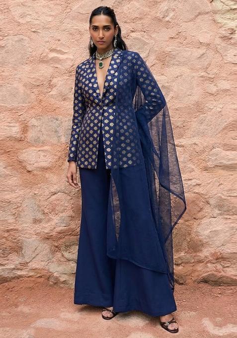Navy Blue Brocade Fusion Set
