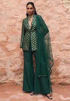 Bottle Green Brocade Fusion Set