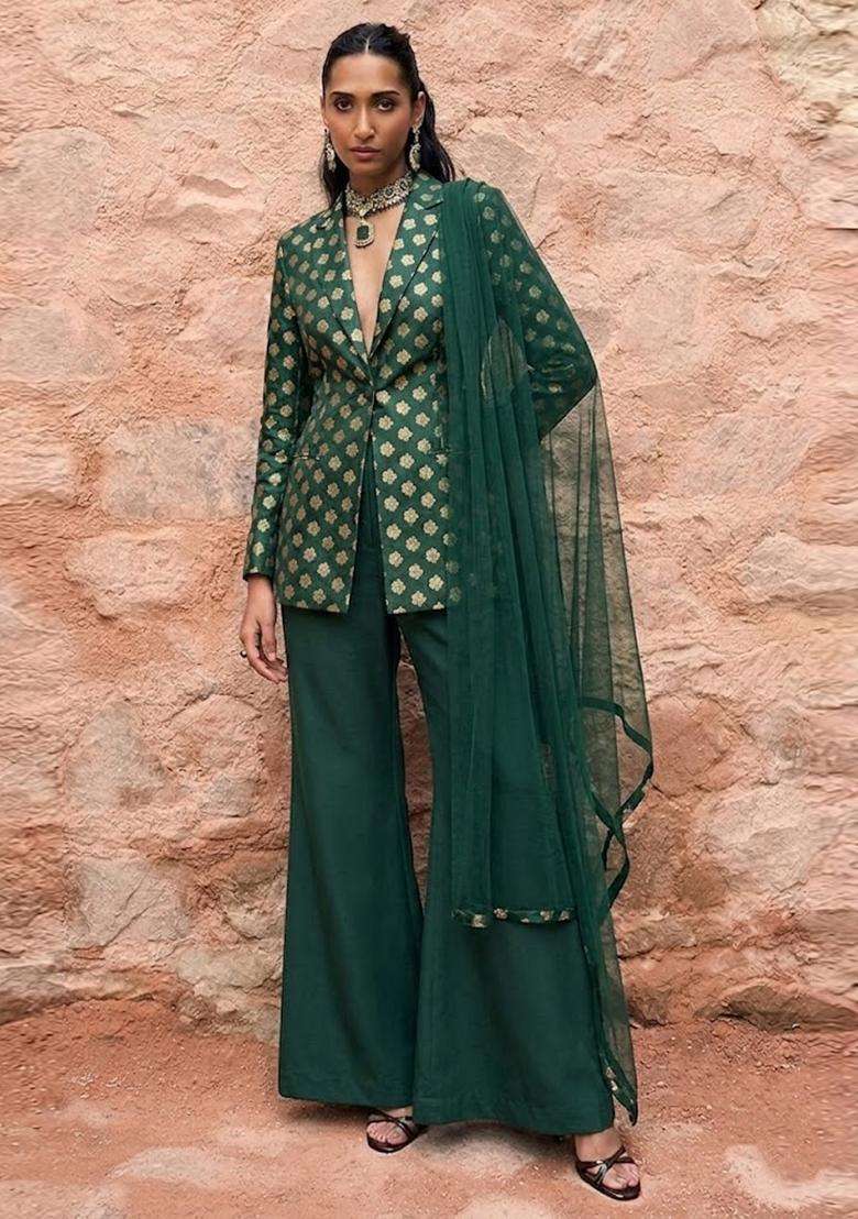 Bottle Green Brocade Fusion Set - Indya