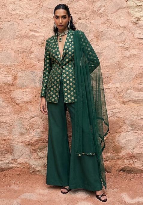 Bottle Green Brocade Fusion Set