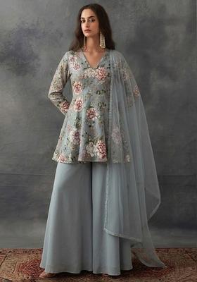 Steel Grey Printed Crepe Sharara Set