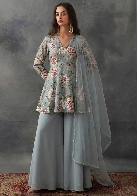 Steel Grey Printed Crepe Sharara Set