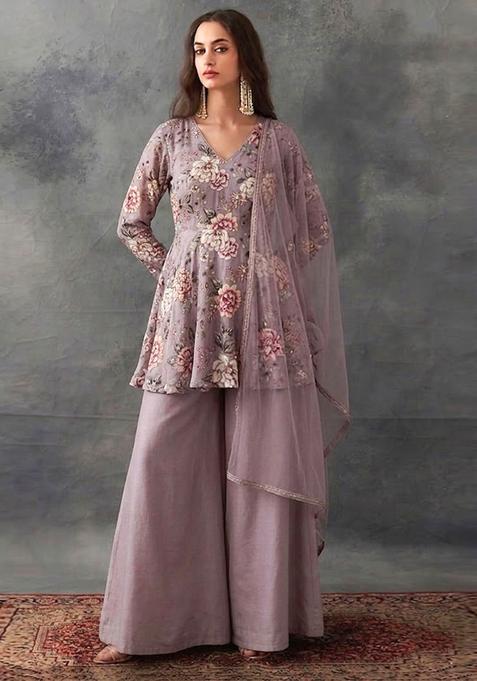 Mauve  Printed Crepe Sharara Set