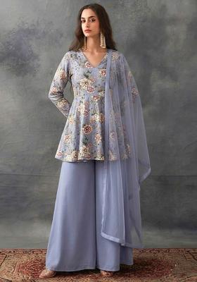 Periwinkle Blue Printed Crepe Sharara Set