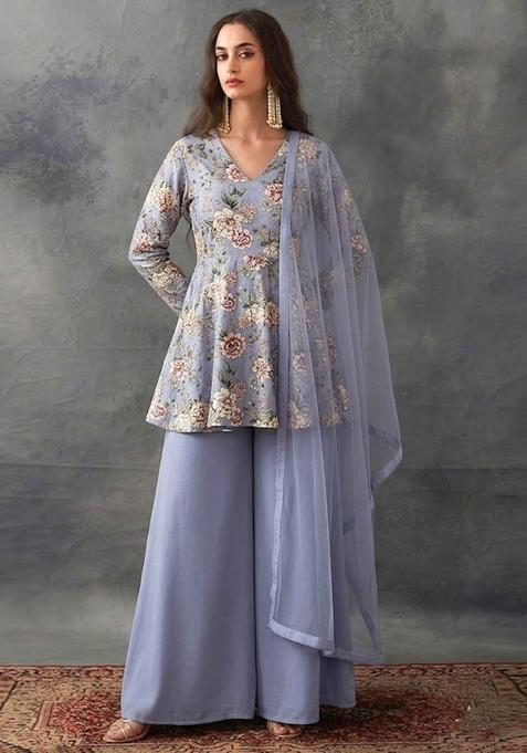 Periwinkle Blue Printed Crepe Sharara Set