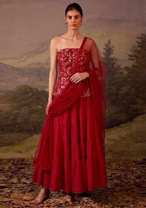 Crimson Red Embroidered Crepe Lehenga Set