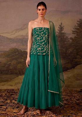Green Embroidered Crepe Lehenga Set