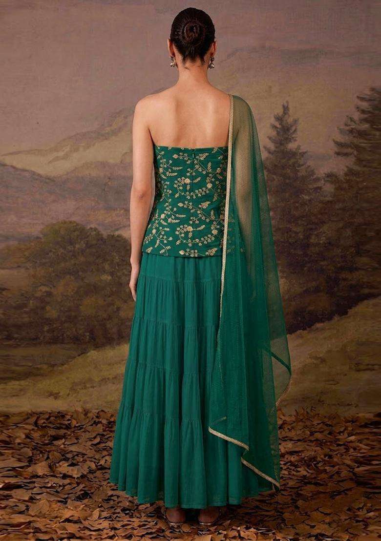 Green Embroidered Crepe Lehenga Set - Indya